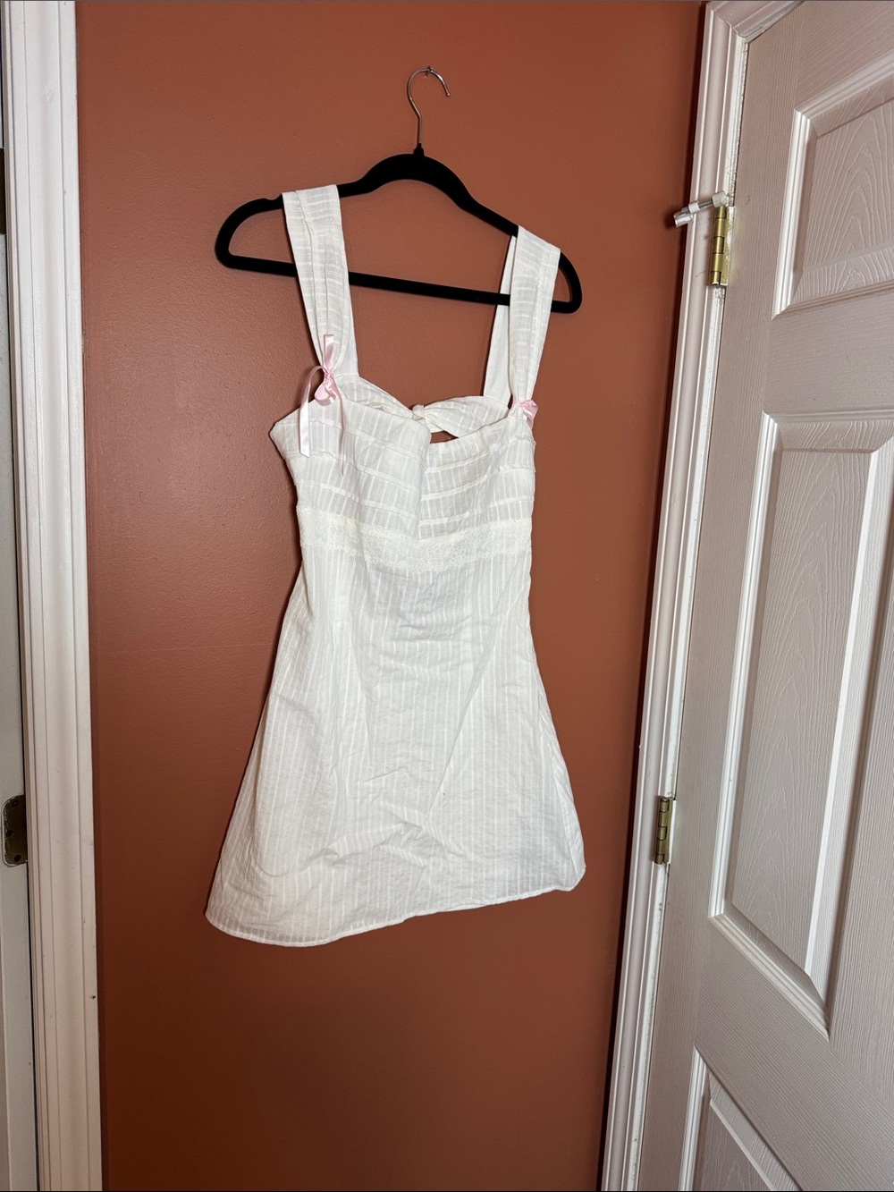 NWOT White mini dress with Pink Ribbon Accents